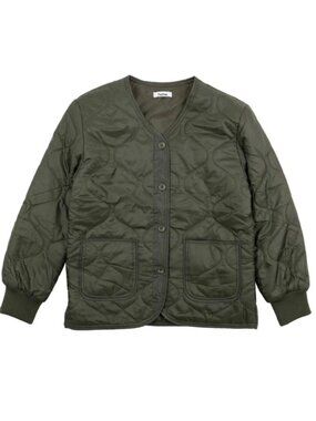 HUME Olive Khaki Green Quilted Liner Jacket Collarless Button Front Size L